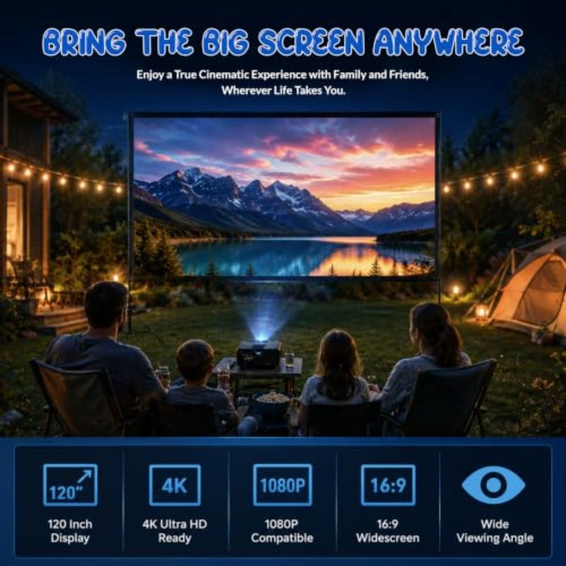 Home theater backyard cinema: 120+ inch portable foldable 4K projector screen with stand, wrinkle-free white PVC material, 16:9 aspect ratio, includes carry bag - Image 2