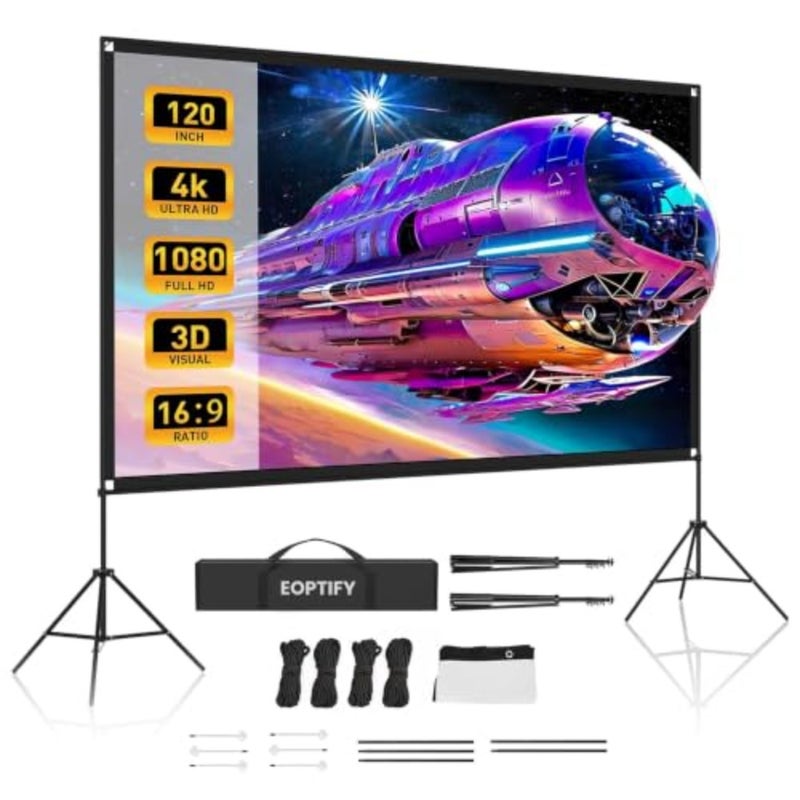 Home theater backyard cinema: 120+ inch portable foldable 4K projector screen with stand, wrinkle-free white PVC material, 16:9 aspect ratio, includes carry bag - Image 1