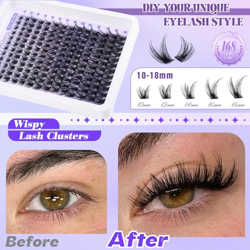 ALICE Lash Clsusters Kit Wispy Cluster Eyelash Extension Kit 168pcs 10-18mm Natural Lash Extension Kit Thin Band Individual Lashes Kit with Lash Glue Bond and Seal DIY at Home - Image 4