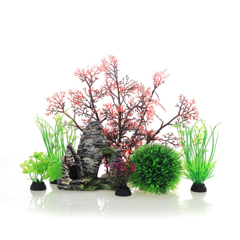 JIH Aquarium Fish Tank Plastic Plants and Cave Rock Decorations Decor Set 7 Pieces Small and Large Artificial Fish Tank Plants with Cave Rock CU89Red7
