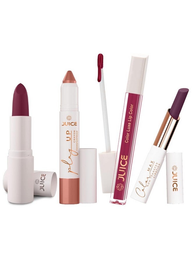 Juice Long Lasting, 4pc Lipstick Combo Set For Women(Festive Maroon-M14 Bullet Lipstick, Keep It Profesh-MCR02 Play up Lip Crayon, Plum Tart-M14 Liquid Lipstick, Plum-tastic-M14 Slim Stick) - Image 1