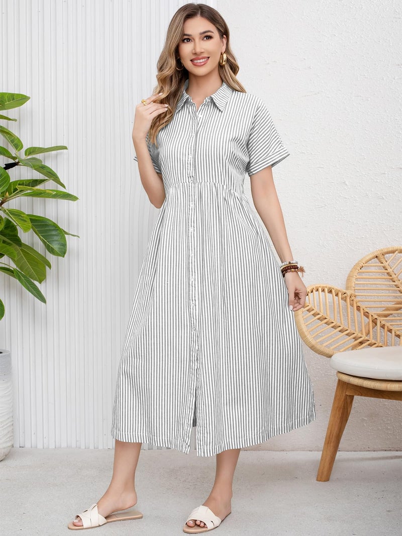 ebossy Women's Boho Striped Shirt Dress Button Up Side Slit Loose Mid Long Cotton Dress with Pockets (M, White) - Image 2