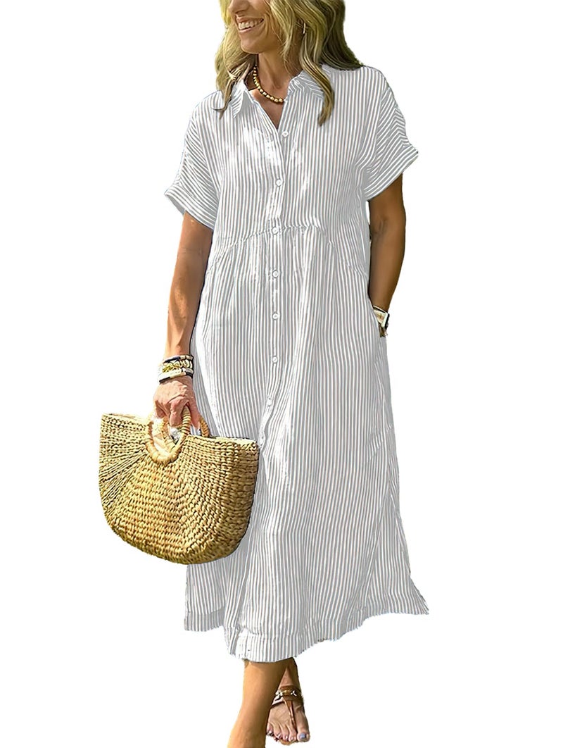 ebossy Women's Boho Striped Shirt Dress Button Up Side Slit Loose Mid Long Cotton Dress with Pockets (M, White) - Image 1