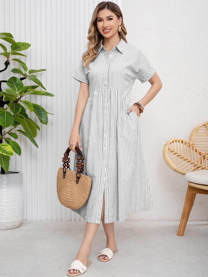 ebossy Women's Boho Striped Shirt Dress Button Up Side Slit Loose Mid Long Cotton Dress with Pockets (M, White) - Image 3