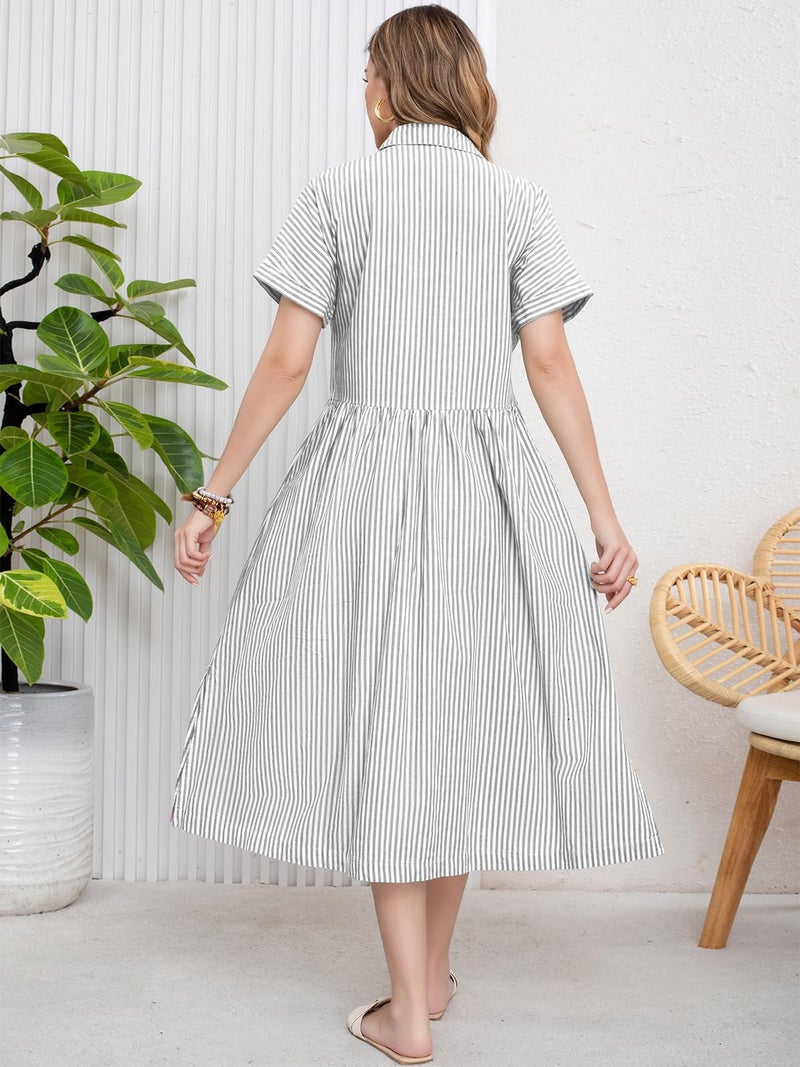 ebossy Women's Boho Striped Shirt Dress Button Up Side Slit Loose Mid Long Cotton Dress with Pockets (M, White) - Image 5