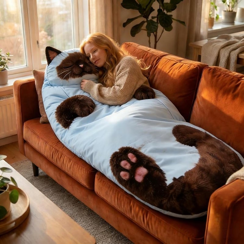 Color D Cat Shaped Plush Adult Sleeping Bag Warm Washable 68 89 Inch For Camping And Home - Image 1