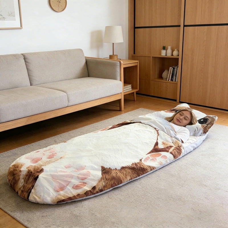 Color D Cat Shaped Plush Adult Sleeping Bag Warm Washable 68 89 Inch For Camping And Home - Image 3