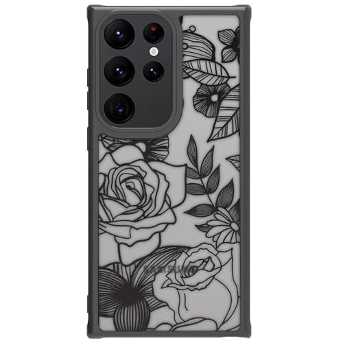 Dumkery Cute Case Compatible with Samsung Galaxy S23 Ultra Case, Rose Aesthetic Black Line Art Floral Pattern Print, Slim Fit PC and TPU Heavy Duty Protection Shockproof Cases Cover for Girls Women - Image 1