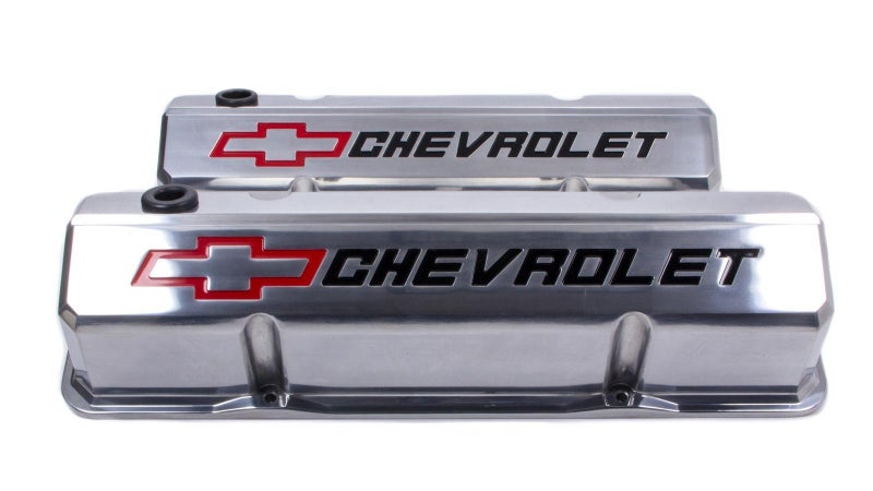 ProForm Valve Cover, Slant-Edge, Tall, Baffled, Breather Hole, Recessed Chevrolet Bowtie Logo, Aluminum, Polished, Small Block Chevy, Pair - Image 4