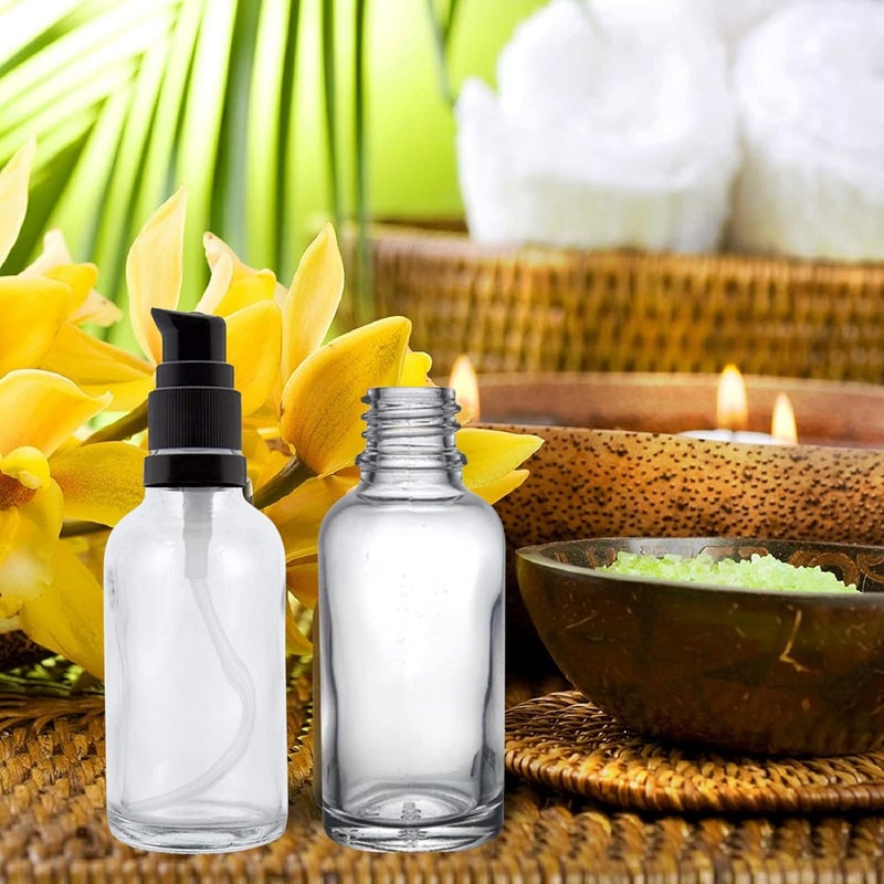 Devinez ديفينز (عبوة من 2) زجاجة شفافة دائرية متعددة الاستخدامات قابلة لإعادة التعبئة، سعة 50 مل مع مضخة لوشن سوداء مع غطاء لمستحضرات التجميل، السيروم، الزيوت الأساسية، الخلطات، العناية بالبشرة، السفر، التونر وDIY - Image 4