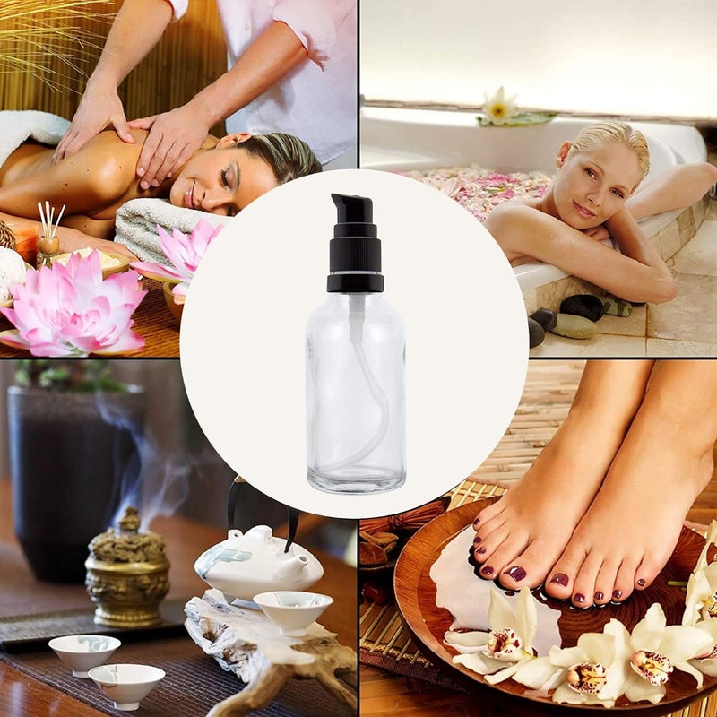 Devinez ديفينز (عبوة من 2) زجاجة شفافة دائرية متعددة الاستخدامات قابلة لإعادة التعبئة، سعة 50 مل مع مضخة لوشن سوداء مع غطاء لمستحضرات التجميل، السيروم، الزيوت الأساسية، الخلطات، العناية بالبشرة، السفر، التونر وDIY - Image 3