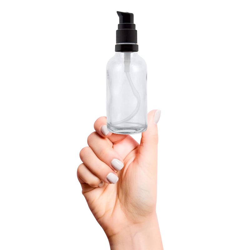 Devinez ديفينز (عبوة من 2) زجاجة شفافة دائرية متعددة الاستخدامات قابلة لإعادة التعبئة، سعة 50 مل مع مضخة لوشن سوداء مع غطاء لمستحضرات التجميل، السيروم، الزيوت الأساسية، الخلطات، العناية بالبشرة، السفر، التونر وDIY - Image 2