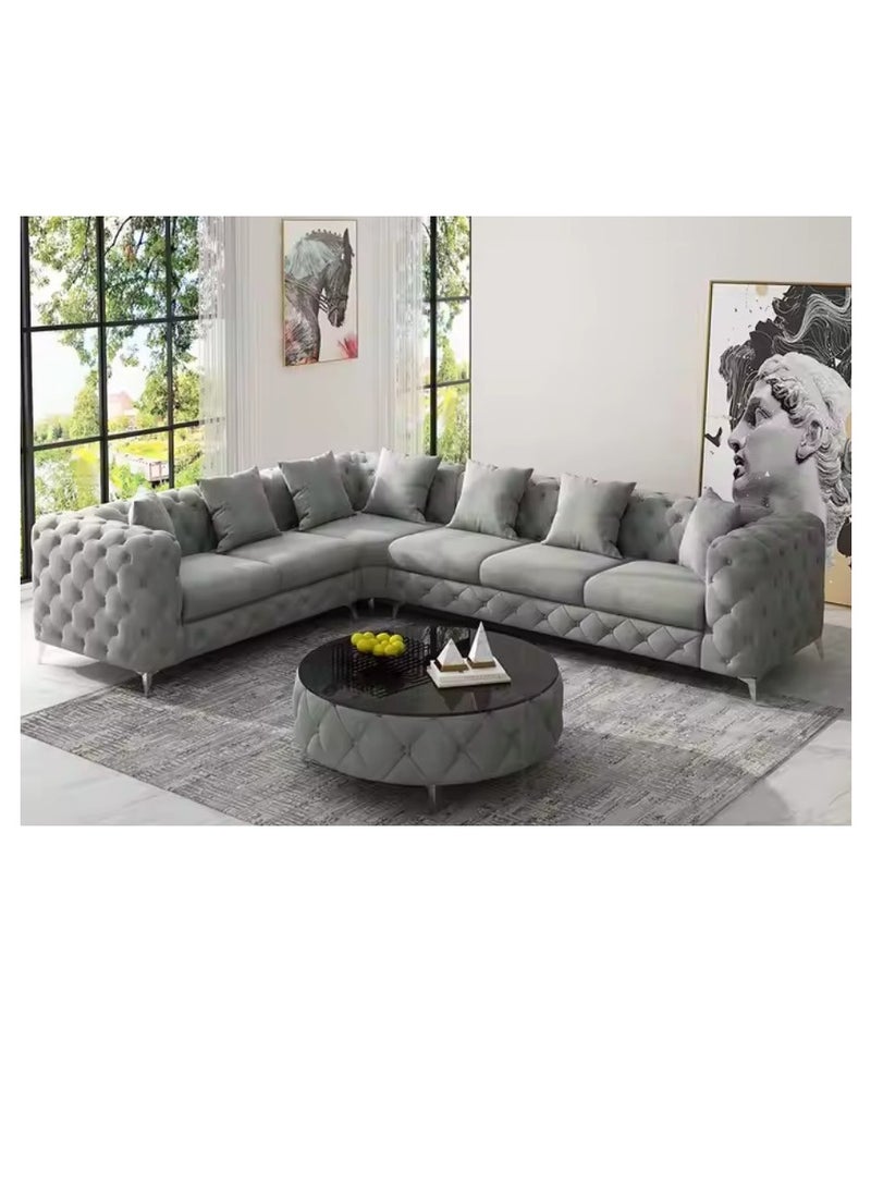 Maharat Al Bahar Grey Luxury L-Shaped Leather Chesterfield Sofa - 6-Seater with Golden Legs - Classic Tufted Design for Elegant Living Rooms - Image 1