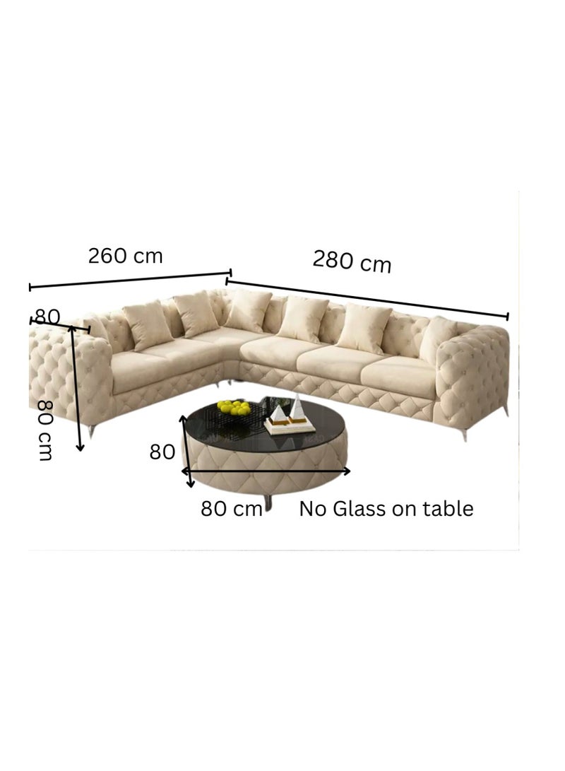 Maharat Al Bahar Grey Luxury L-Shaped Leather Chesterfield Sofa - 6-Seater with Golden Legs - Classic Tufted Design for Elegant Living Rooms - Image 2