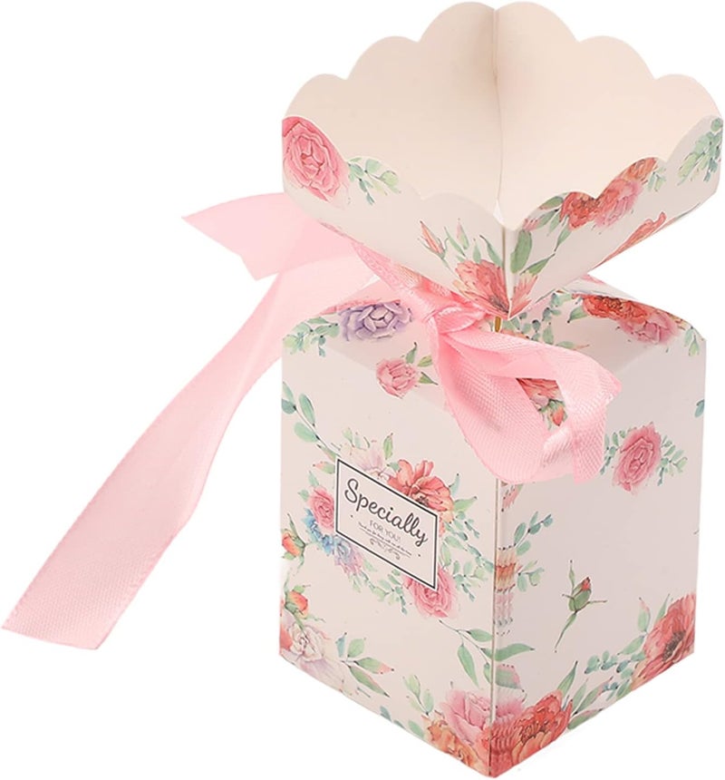 woobles 50 Set Wedding Favor Boxes, Crafts Wedding Gift Boxes with Bows Decor Floral Pattern Retro Style Easy Assemble Boxes Party Favors for Wedding Bridal Shower Decoration (Pink HM2251304)-Pink Hm2251304 - Image 5