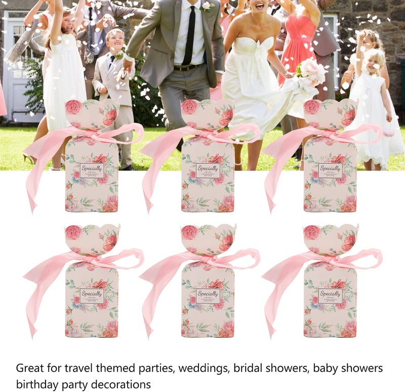 woobles 50 Set Wedding Favor Boxes, Crafts Wedding Gift Boxes with Bows Decor Floral Pattern Retro Style Easy Assemble Boxes Party Favors for Wedding Bridal Shower Decoration (Pink HM2251304)-Pink Hm2251304 - Image 3