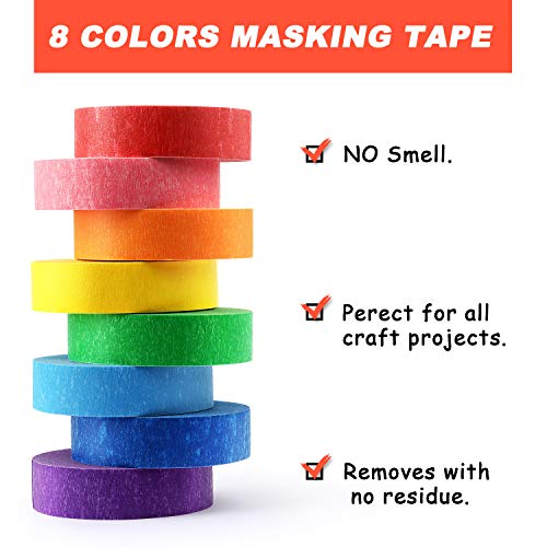 Hutou 8 Rolls Colored Masking Tape Rainbow Colors Painters Tape Colorful Craft Art Paper Tape for Kids Labeling Arts Crafts DIY Decorative Coding Decoration Teaching Supplies, 0.6 Inch x 16 Yard, 8 Colors - Image 4