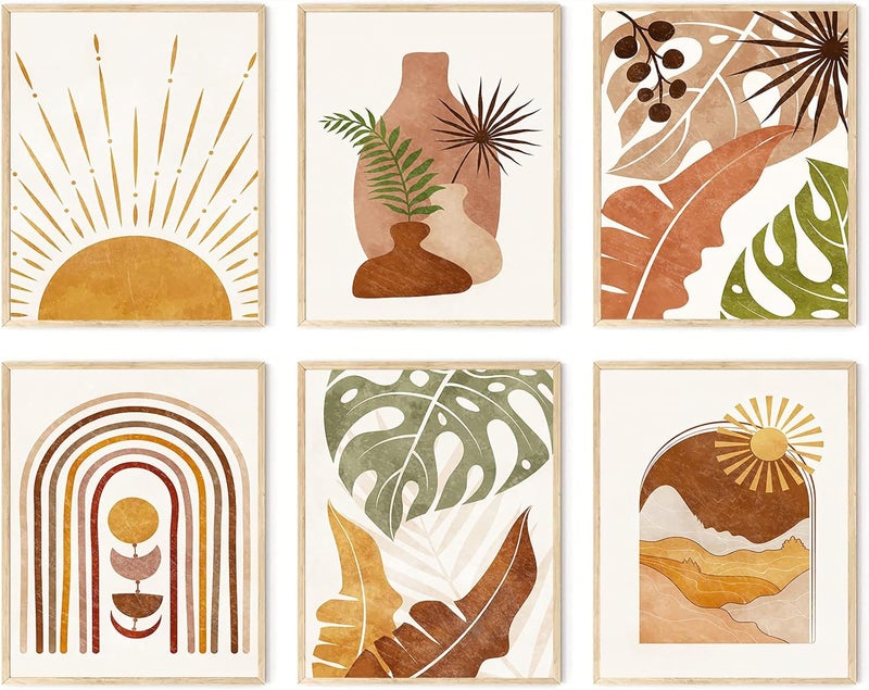 KBKBART All preference matching build Boho Wall Art Set of 6, Minimalist Boho Wall Decor, Monstera Palm Sun Moon Geometry Canvas Prints, Mid-Century Modern Wall Art for Bedroom, Living Room, Bathroom, Gallery Long term heavy use compatible - Image 1