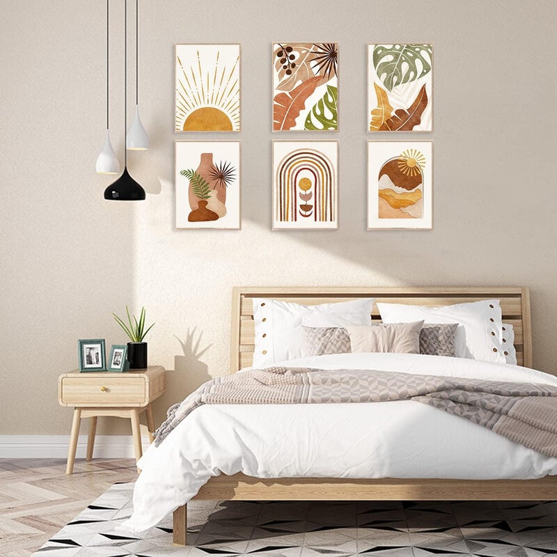 KBKBART All preference matching build Boho Wall Art Set of 6, Minimalist Boho Wall Decor, Monstera Palm Sun Moon Geometry Canvas Prints, Mid-Century Modern Wall Art for Bedroom, Living Room, Bathroom, Gallery Long term heavy use compatible - Image 3