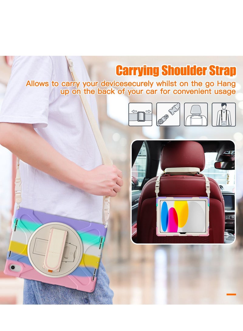 GULFLINK Full Body Cover with 360 Rotating Hand Strap Shoulder Strap, Heavy Duty Shockproof Case for  ipad 10th 10.9 inch 2022（A2757/A2777）Colourful pink - Image 3