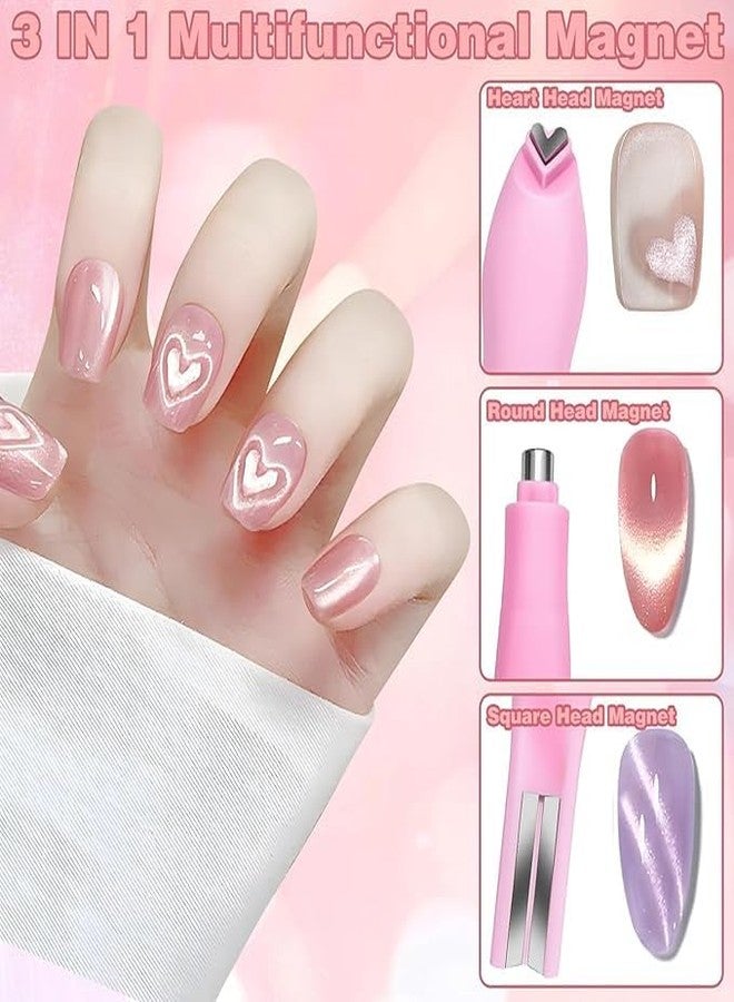 Kira Professional 3-in-1 Magnetic Nail Art Tool Set, Pink Handle with Heart Round Square Tips, Cat Eye Polish Application, 12cm Length (PINK) - Image 4