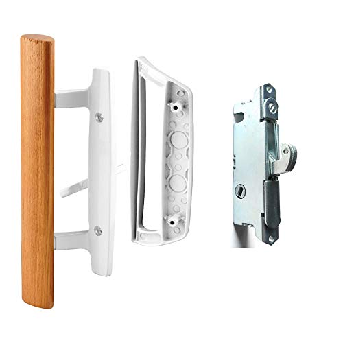 HauSun Sliding Glass Door Handle Set Oak Wood Interior Handle and Exterior Pull White Diecast Finish+Mortise Lock 45° Keyway Fits 3-15/16” Screw Hole Spacing, Non-keyed with Latch Locks(White) - Image 1