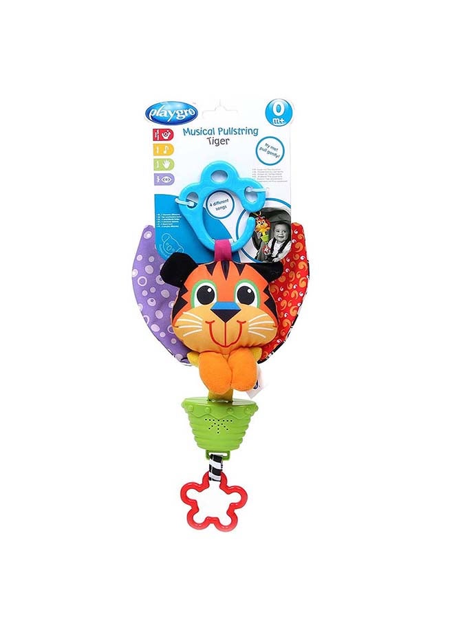 playgro Musical Pullstring Tiger - Interactive Infant Toy for Strollers & Cribs - 4 Melodies, Easy Clip-Ons for Prams, Strollers, Car Seats, Diaper Bags, For Babies Aged 0-24 Months, Multicolor - Image 1