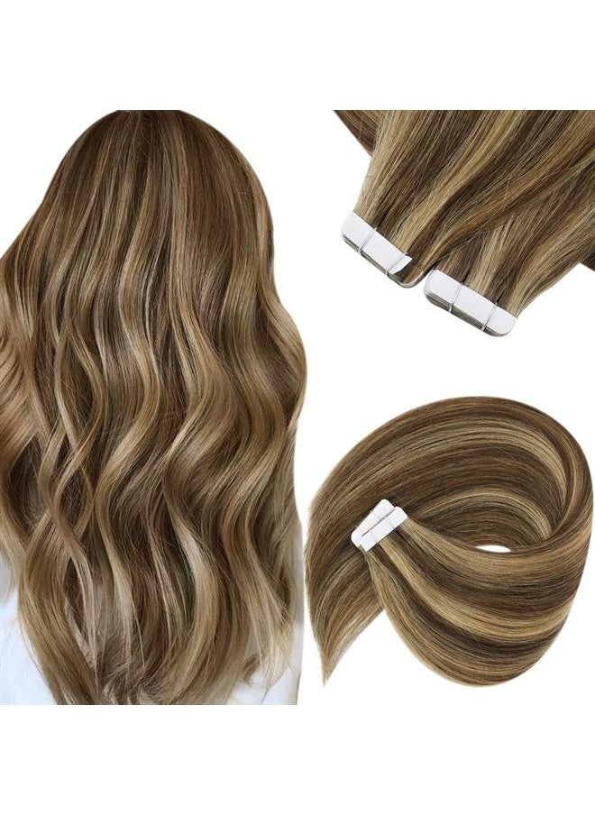 Sunny Hair Sunny Tape in Hair Extensions Human Hair Brown Highlights Tape on Hair Extensions Dark Brown Highlights Caramel Blonde Tape in Extensions Highlight 50g 14inch  - Image 1