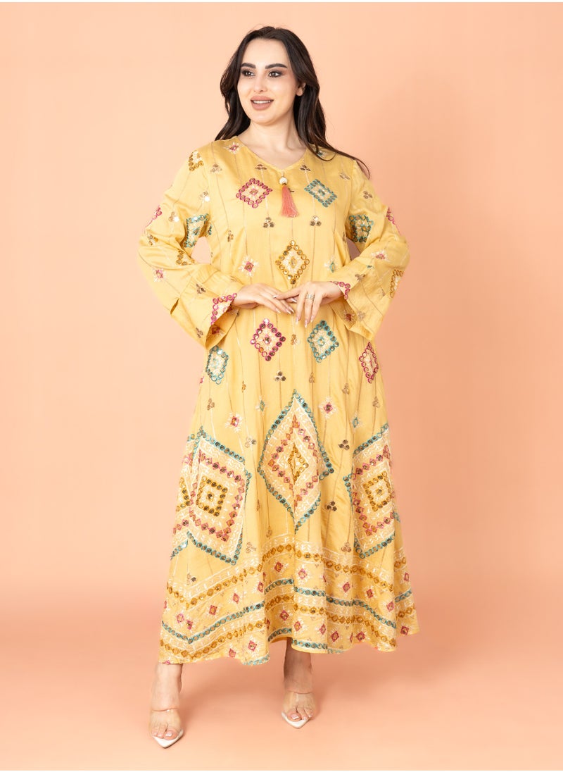 IKKXA Geometric Patterns Sparkled Jalabiya Yellow  - Image 1