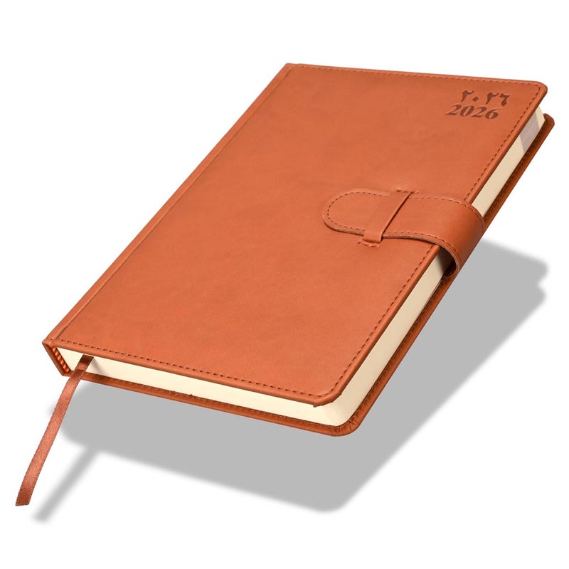 FIS 2026 Agenda Diary, 170x240mm, 1 Side Padded & Sewn Italian PU Cover, Round Corner with Strap Closure, 1 Day a Page, Arabic/English, 70gsm Italian Ivory Paper, Brown Cover-FSDI75AE26BR - Image 1