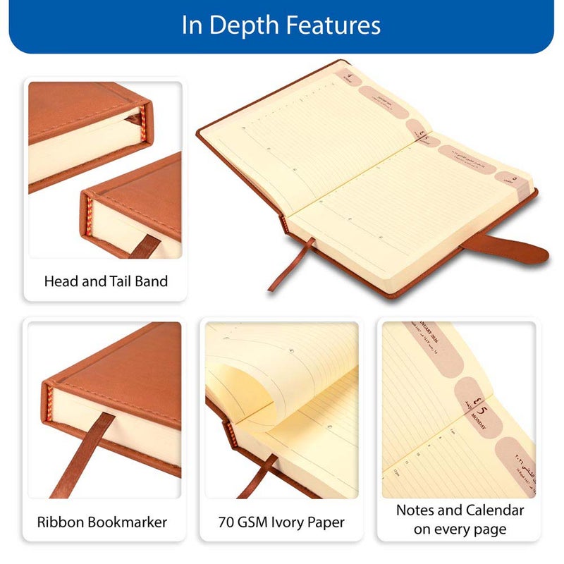 FIS 2026 Agenda Diary, 170x240mm, 1 Side Padded & Sewn Italian PU Cover, Round Corner with Strap Closure, 1 Day a Page, Arabic/English, 70gsm Italian Ivory Paper, Brown Cover-FSDI75AE26BR - Image 5