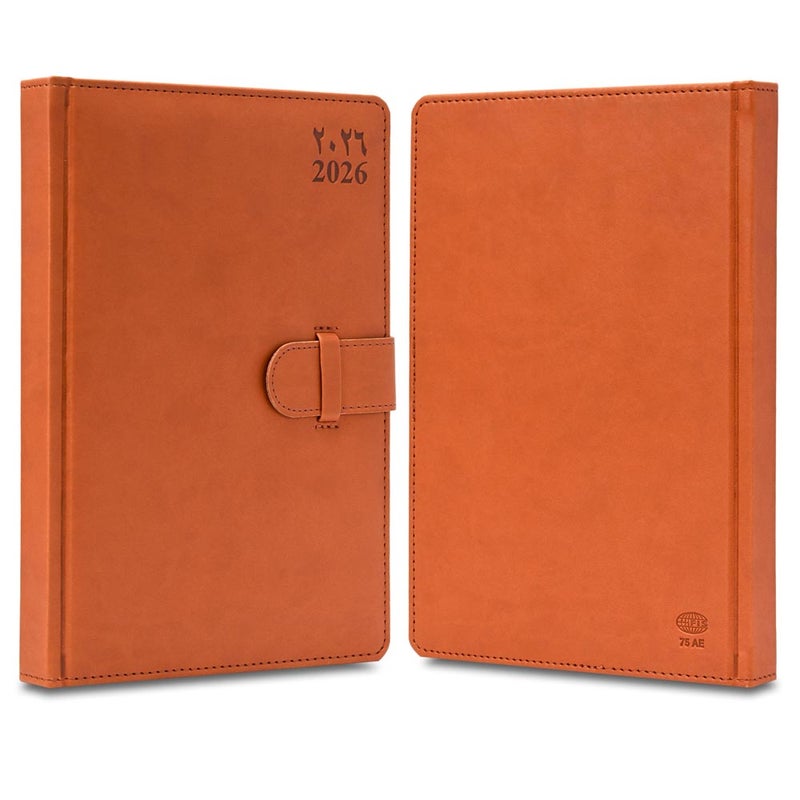 FIS 2026 Agenda Diary, 170x240mm, 1 Side Padded & Sewn Italian PU Cover, Round Corner with Strap Closure, 1 Day a Page, Arabic/English, 70gsm Italian Ivory Paper, Brown Cover-FSDI75AE26BR - Image 2