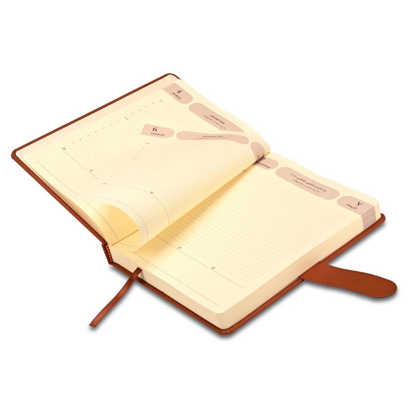 FIS 2026 Agenda Diary, 170x240mm, 1 Side Padded & Sewn Italian PU Cover, Round Corner with Strap Closure, 1 Day a Page, Arabic/English, 70gsm Italian Ivory Paper, Brown Cover-FSDI75AE26BR - Image 4