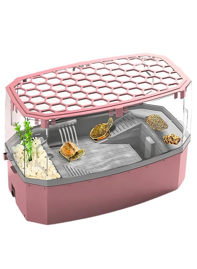 Rizopets Acrylic Turtle Aquarium with Filter, Turtle Reptile Habitat Tank with Basking, Swimming, Breeding, Hibernation & Feeding Platform (Medium, Pink) - Image 1