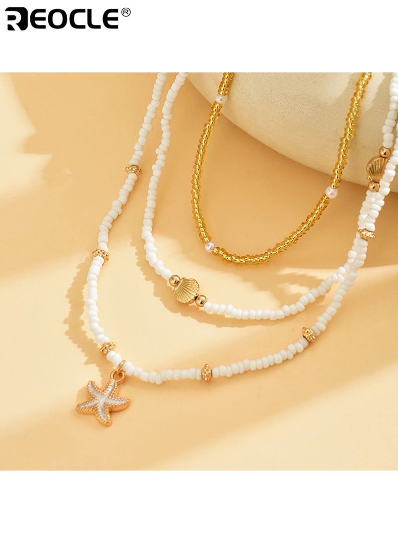 ريوكل قلادة أزياء نسائية نمط بسيط متعدد الطبقات قابل للتكديس مع صدف نجم البحر قلادة حبة سلسلة تقليد لؤلؤ مرصعة حبة أنيقة عارضة مثالية لعطلة الشاطئ الصيف ارتداء يومي للحفلات مناسبات خاصة للنساء السيدات الكبار حبة زجاجية مادة الصيف شاطئ عطلة هدية لصديقة - Image 3