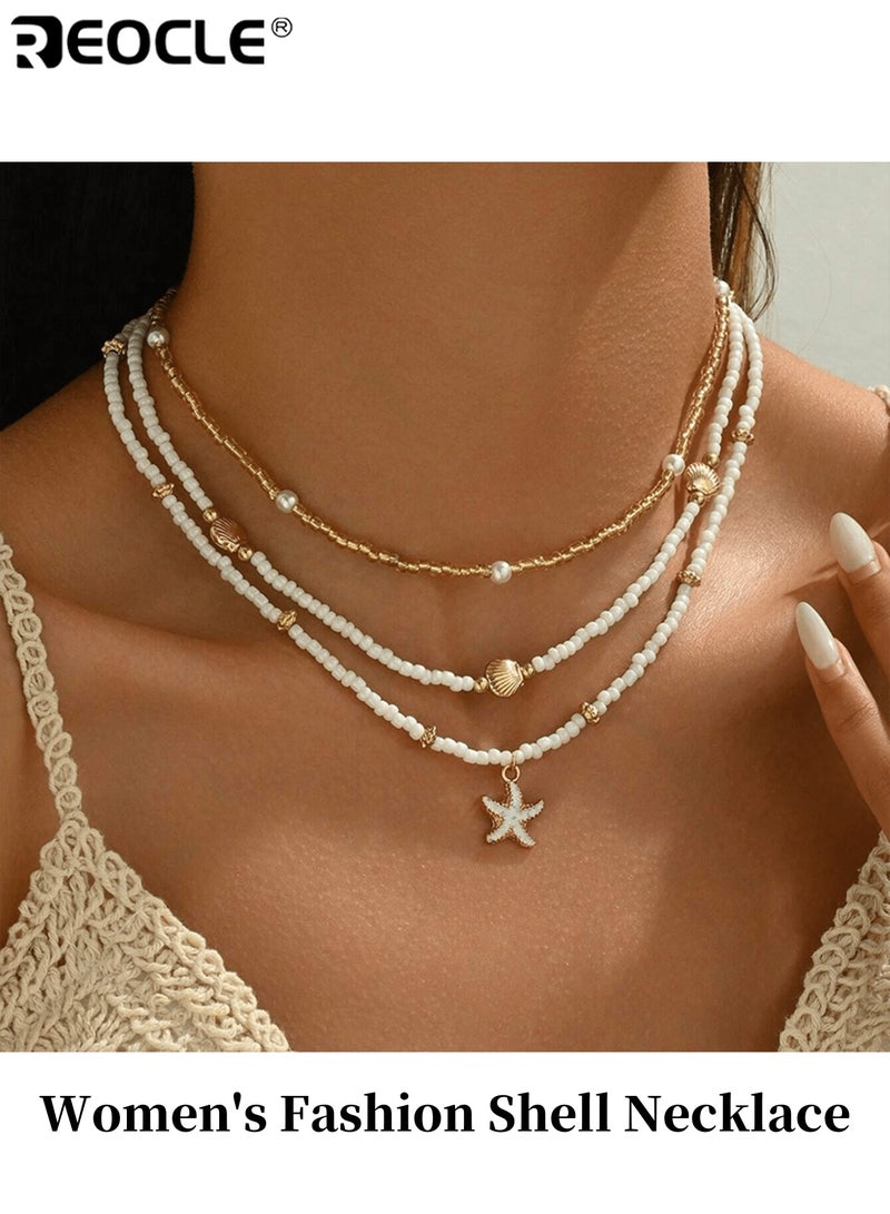 ريوكل قلادة أزياء نسائية نمط بسيط متعدد الطبقات قابل للتكديس مع صدف نجم البحر قلادة حبة سلسلة تقليد لؤلؤ مرصعة حبة أنيقة عارضة مثالية لعطلة الشاطئ الصيف ارتداء يومي للحفلات مناسبات خاصة للنساء السيدات الكبار حبة زجاجية مادة الصيف شاطئ عطلة هدية لصديقة - Image 1