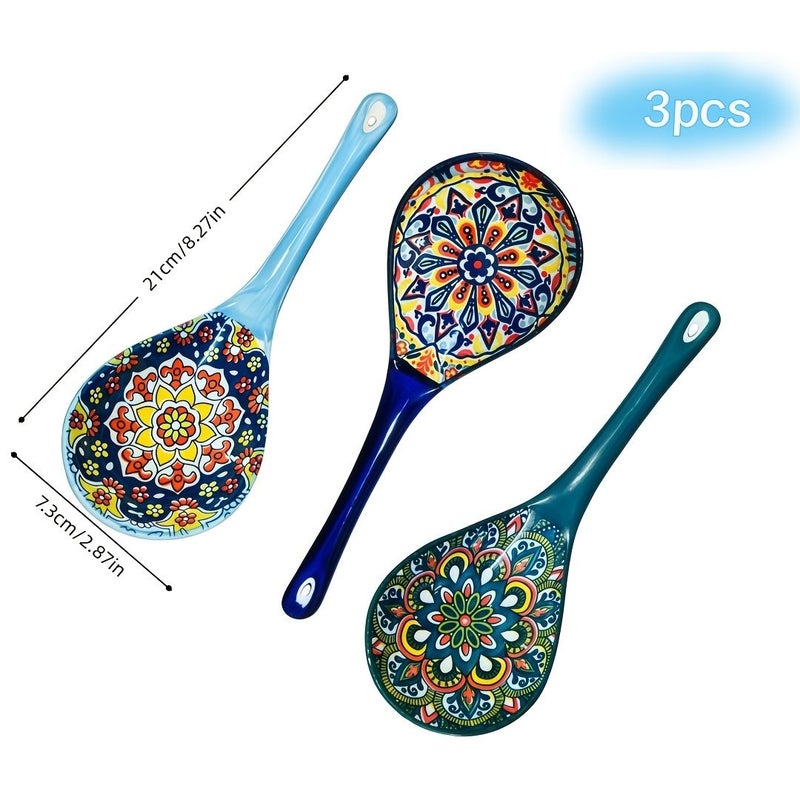 Bohemian Ceramic Spoon Set Style A 3 Pieces Large Kitchen Ladle Microwave Oven Safe - Image 3