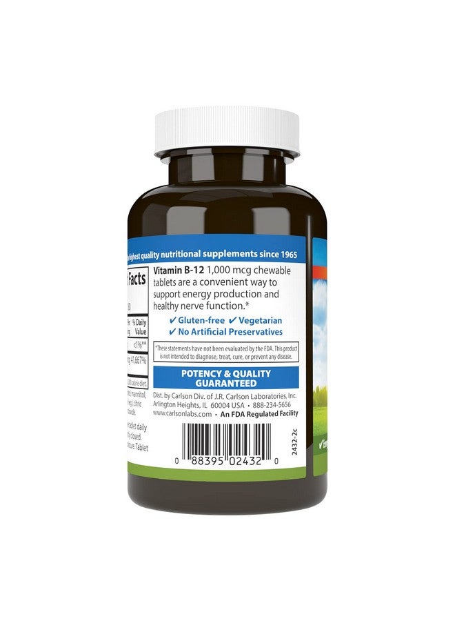 كارلسون - فيتامين ب12 قابل للمضغ، 1000 ميكروجرام، إنتاج الطاقة، وظائف الأعصاب والعافية المثالية، ليمون، 180 قرصًا - Image 1