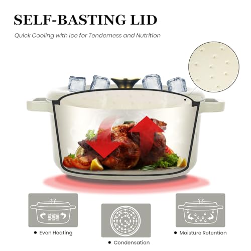 Overmont Enameled Cast Iron Dutch Oven - 5QT Pot with Lid Cookbook & Cotton Potholders - Heavy-Duty Cookware for Braising, Stews, Roasting, Bread Baking Cream white - Image 2
