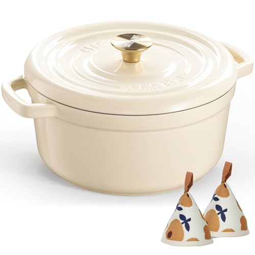 Overmont Enameled Cast Iron Dutch Oven - 5QT Pot with Lid Cookbook & Cotton Potholders - Heavy-Duty Cookware for Braising, Stews, Roasting, Bread Baking Cream white - Image 1