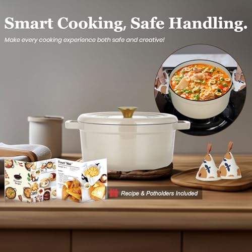 Overmont Enameled Cast Iron Dutch Oven - 5QT Pot with Lid Cookbook & Cotton Potholders - Heavy-Duty Cookware for Braising, Stews, Roasting, Bread Baking Cream white - Image 5