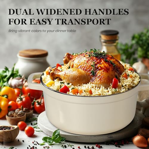 Overmont Enameled Cast Iron Dutch Oven - 5QT Pot with Lid Cookbook & Cotton Potholders - Heavy-Duty Cookware for Braising, Stews, Roasting, Bread Baking Cream white - Image 3
