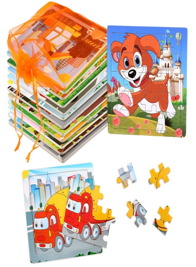 SANNIX 12 Pack Wooden Jigsaw Puzzles for Toddlers 3 4 5 Years Old, Party Favors Animals Jigsaw for Kids, Transportation Educational Puzzles Travel Toy with 12 Organize Bags - Image 1