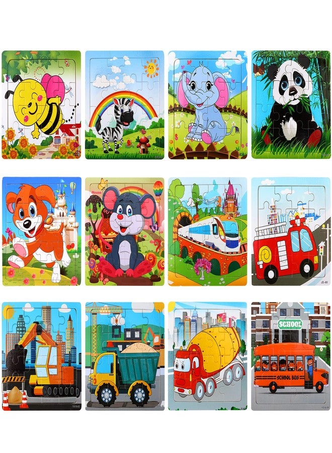 SANNIX 12 Pack Wooden Jigsaw Puzzles for Toddlers 3 4 5 Years Old, Party Favors Animals Jigsaw for Kids, Transportation Educational Puzzles Travel Toy with 12 Organize Bags - Image 2