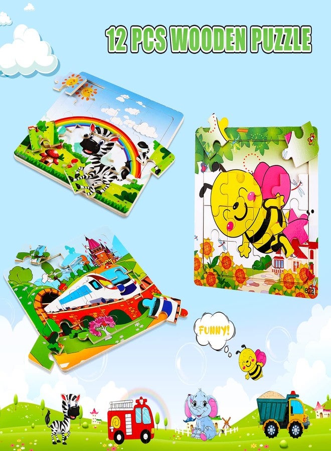 SANNIX 12 Pack Wooden Jigsaw Puzzles for Toddlers 3 4 5 Years Old, Party Favors Animals Jigsaw for Kids, Transportation Educational Puzzles Travel Toy with 12 Organize Bags - Image 5