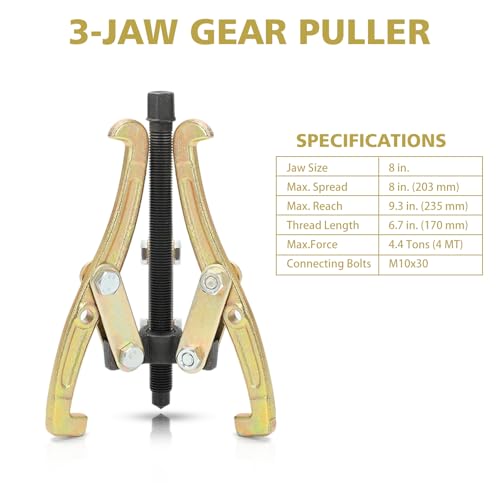 MOFEEZ 8" 3 Jaw Gear Bearing Puller Removal Tool for Slide Gears, Pulley, and Flywheel（Gold） - Image 3