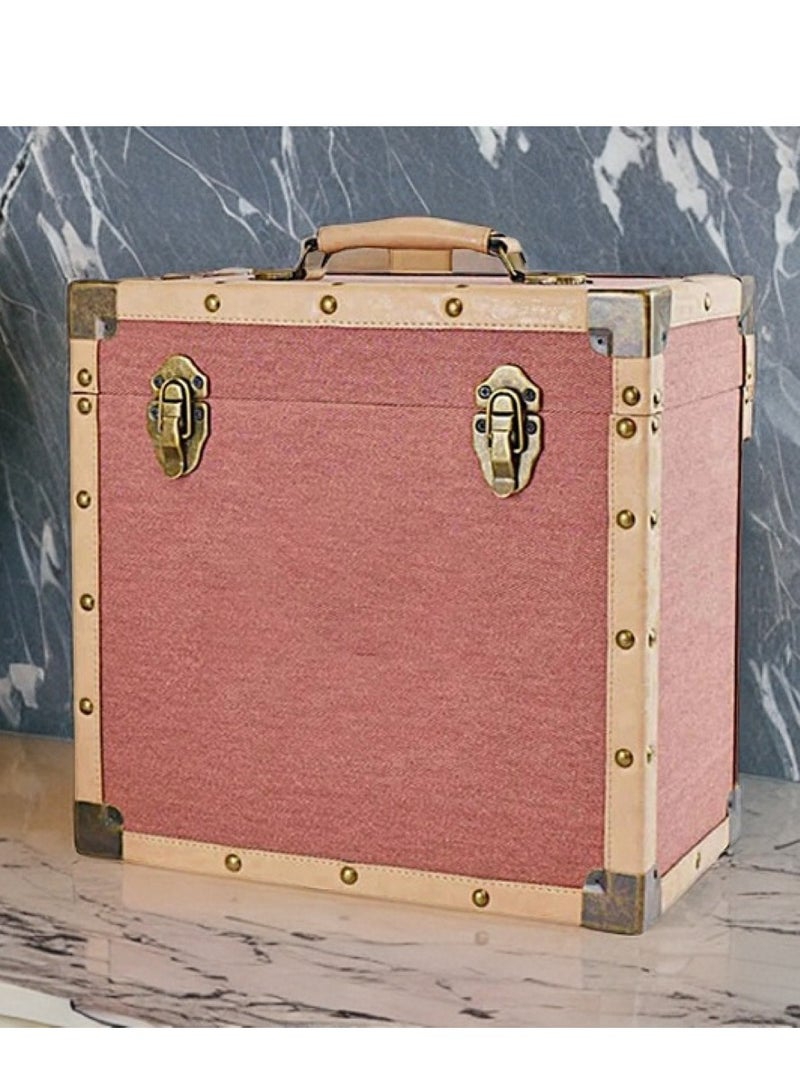 Vinyl LP Record Storage Carry Case Burgundy Fabric Material Holds Up To 50 Records Chrome Effect Trim On Corners And Edges Hinged Lid with 2 Clasps Ideal For Transporting Records Home Decor