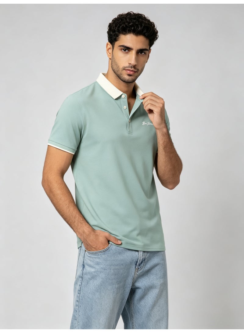 بين شيرمان Ben Sherman Men’s Sage Green Contrast White Collar Embroidered Short Sleeve Polo Shirt - Image 1