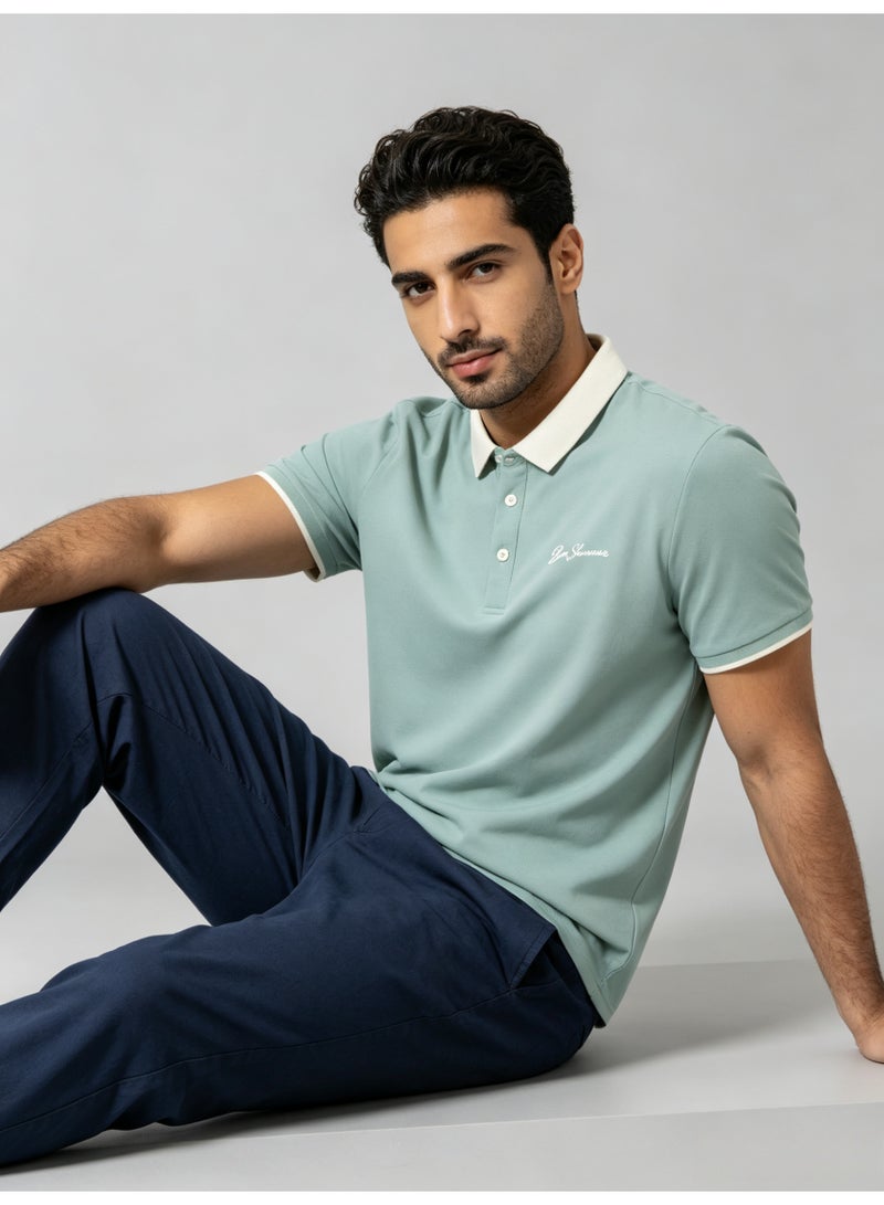 بين شيرمان Ben Sherman Men’s Sage Green Contrast White Collar Embroidered Short Sleeve Polo Shirt - Image 2