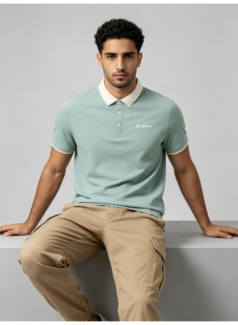 بين شيرمان Ben Sherman Men’s Sage Green Contrast White Collar Embroidered Short Sleeve Polo Shirt - Image 4
